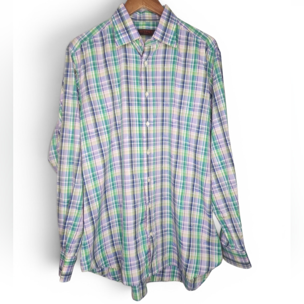 Etro Milano Plaid Dress Shirt In Blue Green Purple White Size 44 Xl